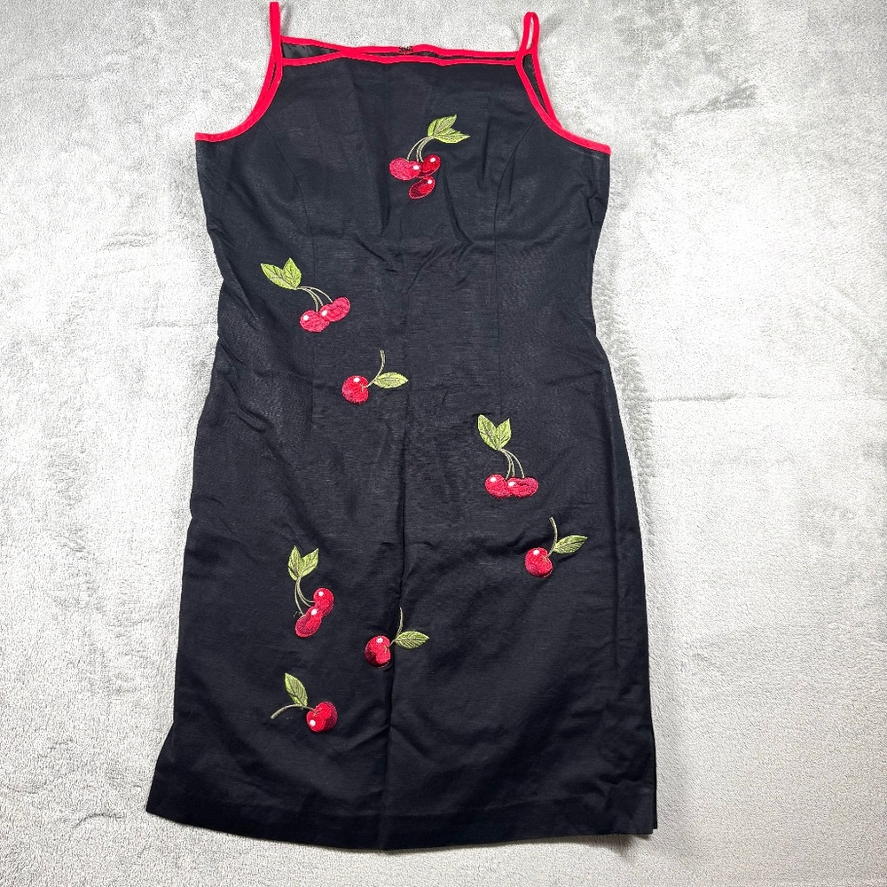 Jessica Howard Linen Dress Embordered Cherries Womens 12 Petite Sleeveless Lined